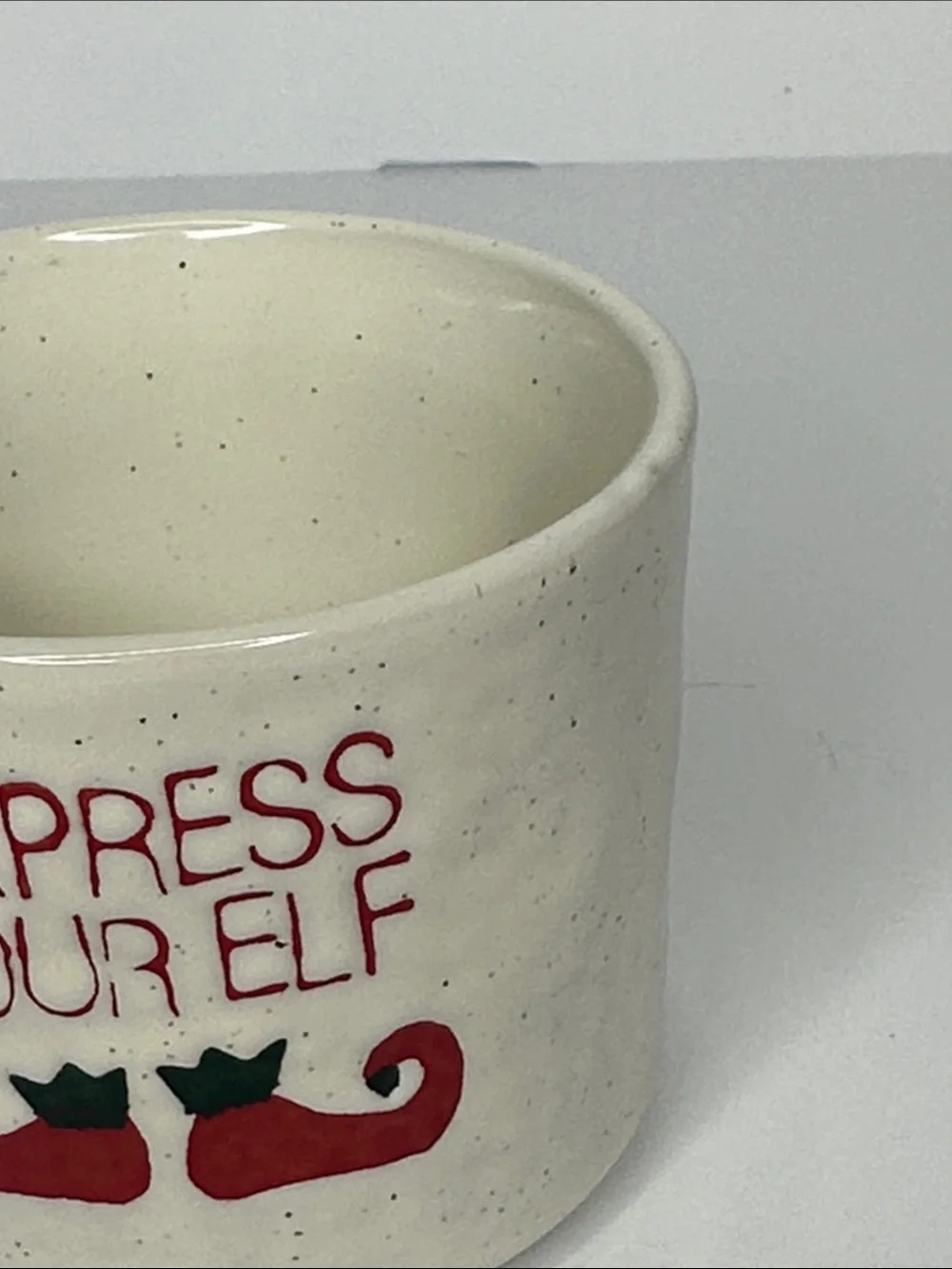 Crate&Barrel Cream Holiday Mug with Red and Green Elf Accents